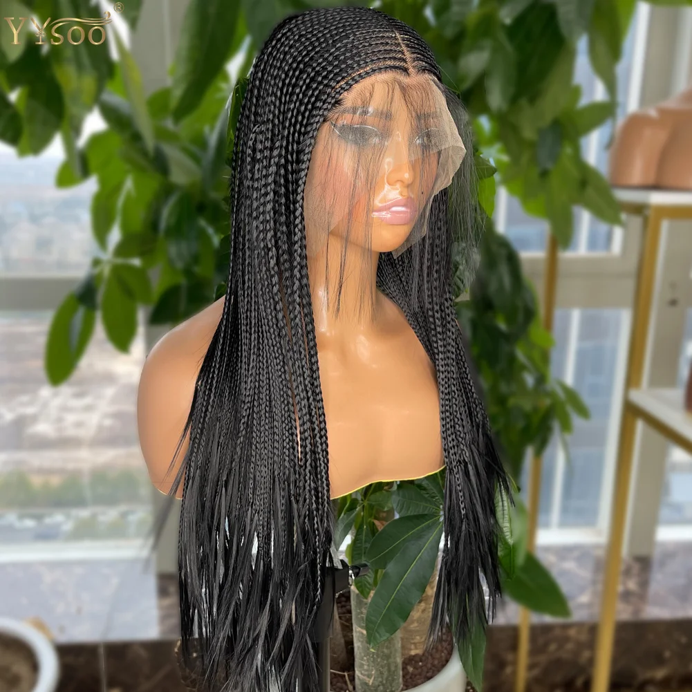 Long Black Color 13x6 Micro Braided Synthetic Lace Front Wigs for Black Women Middle Part Half Hand Tied Box Braided Wig