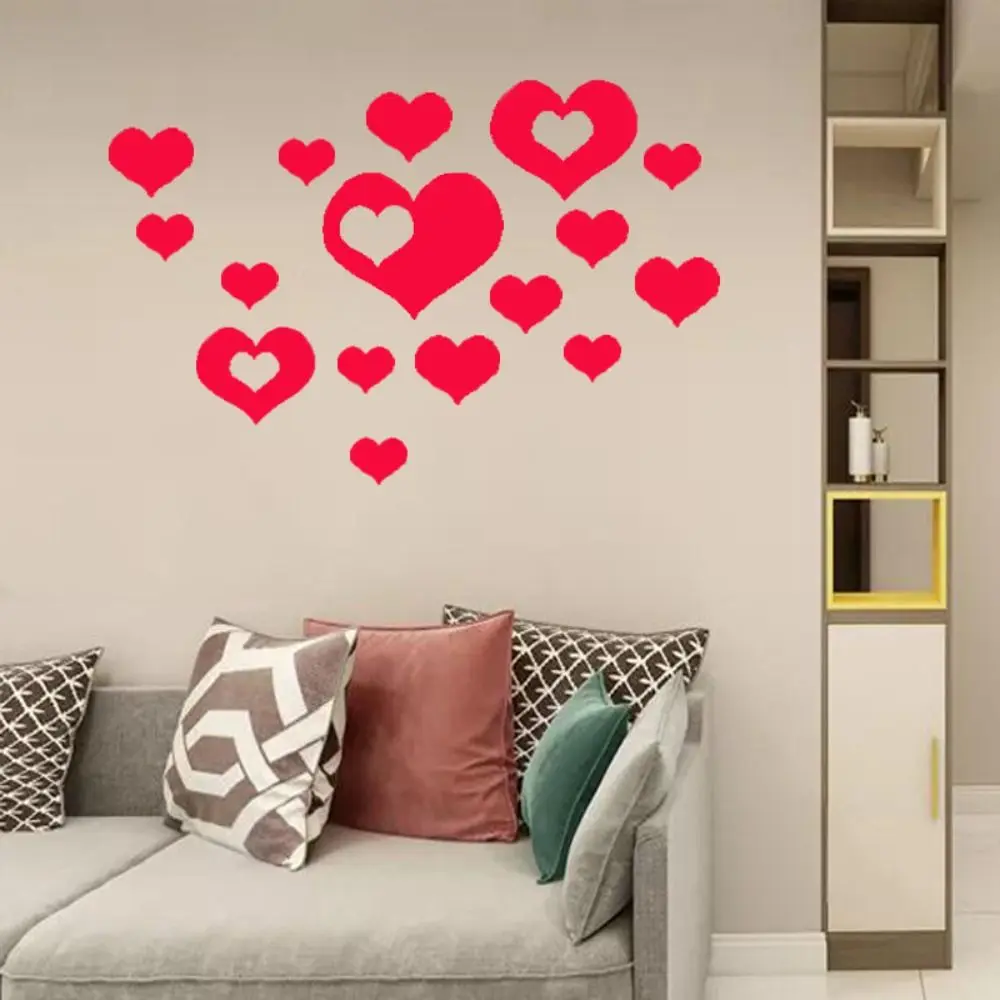 16Pcs/set Decorative Heart Shaped Mirror Stickers DIY Heart Shaped Acrylic Wall Stickers Removable Self-adhesive Love Art Mural