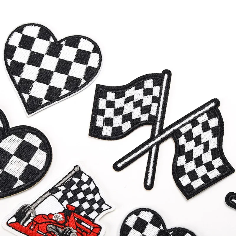 Black And White Checkered Flag Patch F1 Racing Communication Signal Embroidered Badge Stick on Clothing Accessories for Men Wome