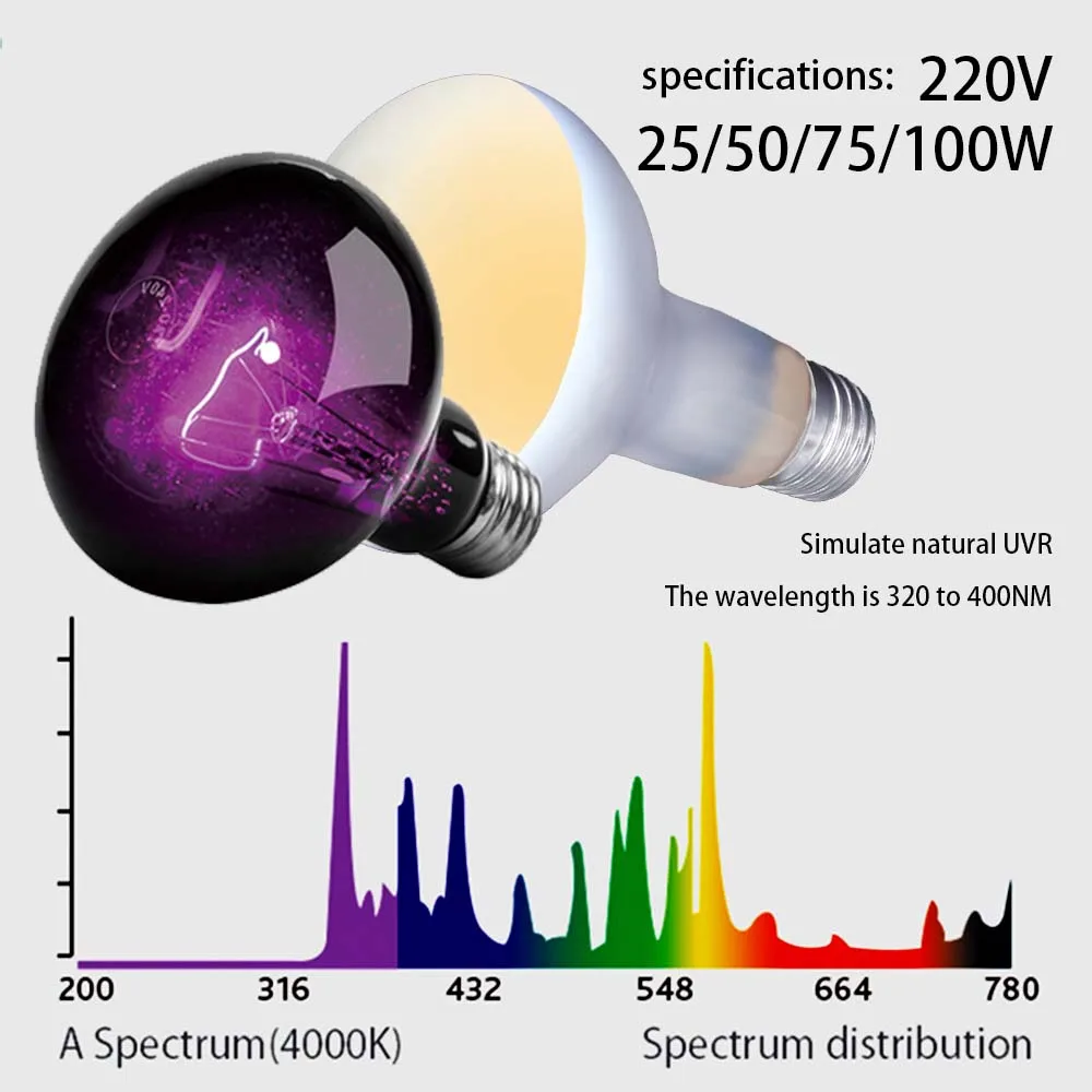 Reptile Heating Lamp Reptile Light Bulb Reptile Lamp Bulb 220-240V Reptile Night Sun Lamp UVA UVB 25/50/75/100W Self-Ballasted Vapor Basking Spot Pet Heat Bulb for Amphibian Warmer