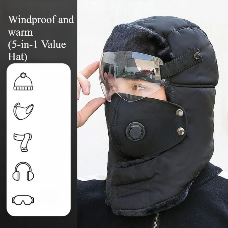 Trapper Hat Winter Skiing Cap Women Men Windproof Winter Earflap Hat Outdoor Warm Thermal Trapper Hat with Goggles Scarf for