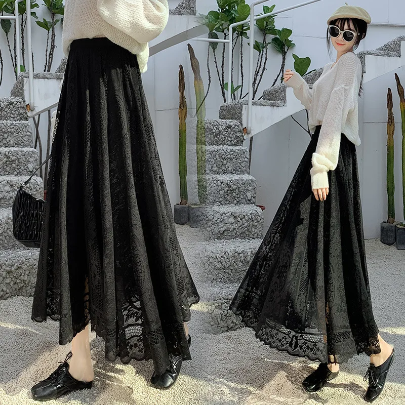 2023 Boho Stylish 4 Colors Lace long Skirt Woman Hollow Out Maxi Black White Skirts Womens Korean Big Swing