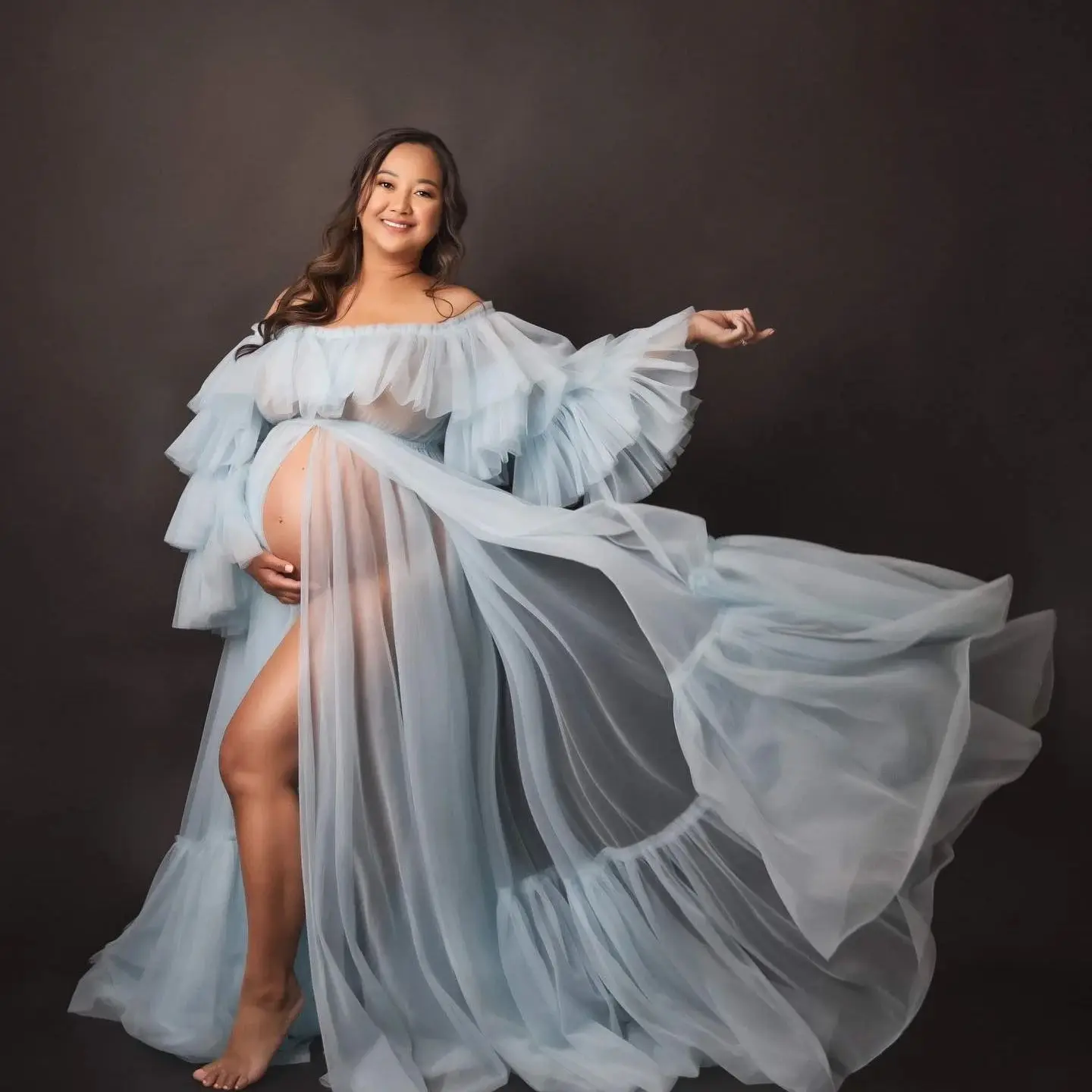 

Modest Prom Dresses for Photo Shoot Sexy Off Shoulder Tulle Maternity Dress Tiered Full Sleeves Babyshower Robes Pregnancy Dress