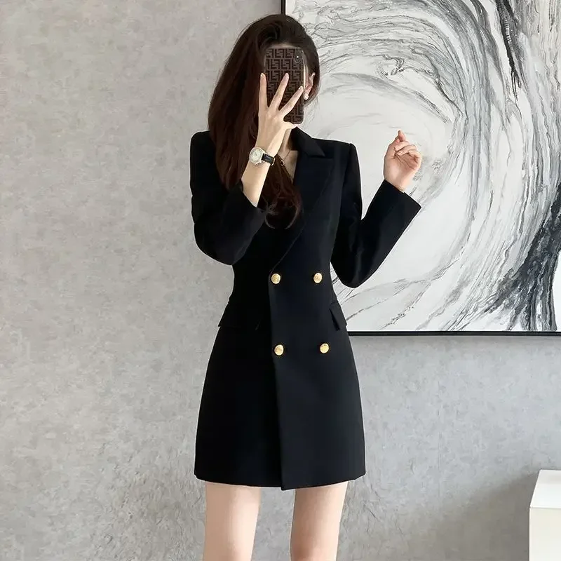 Black Formal Dress Women Spring Autumn New Elegant Slim-fit Double