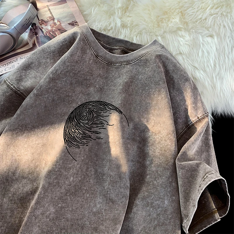 Mens Oversized Washed T-Shirts Funny Graphic Retro Distressed Short Sleeve Tee Shirts Gothic Style Multicoloured Couple T-shirt
