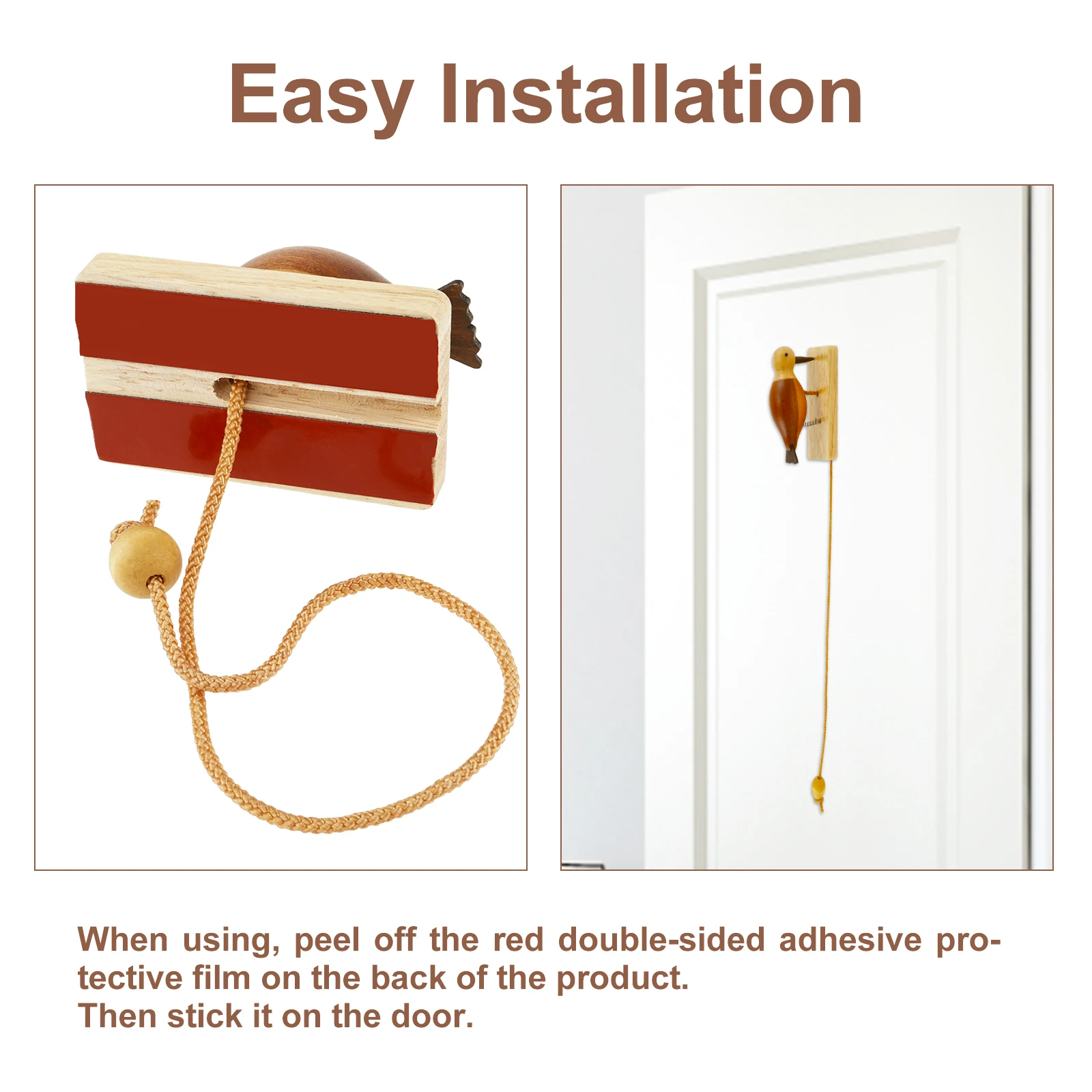 Creative Woodpecker Wooden Retro Door Knocker Pendant Doorbell with Pull Rope Wood Woodpecker Doorbell Antique Door Knocker