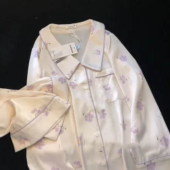 2024 New Ice Silk 2 Pieces Pajamas for Women Autumn Spring Women's Pajamas Set Elegant Ptinting Flower Home Wear Soft Sleepwear 1