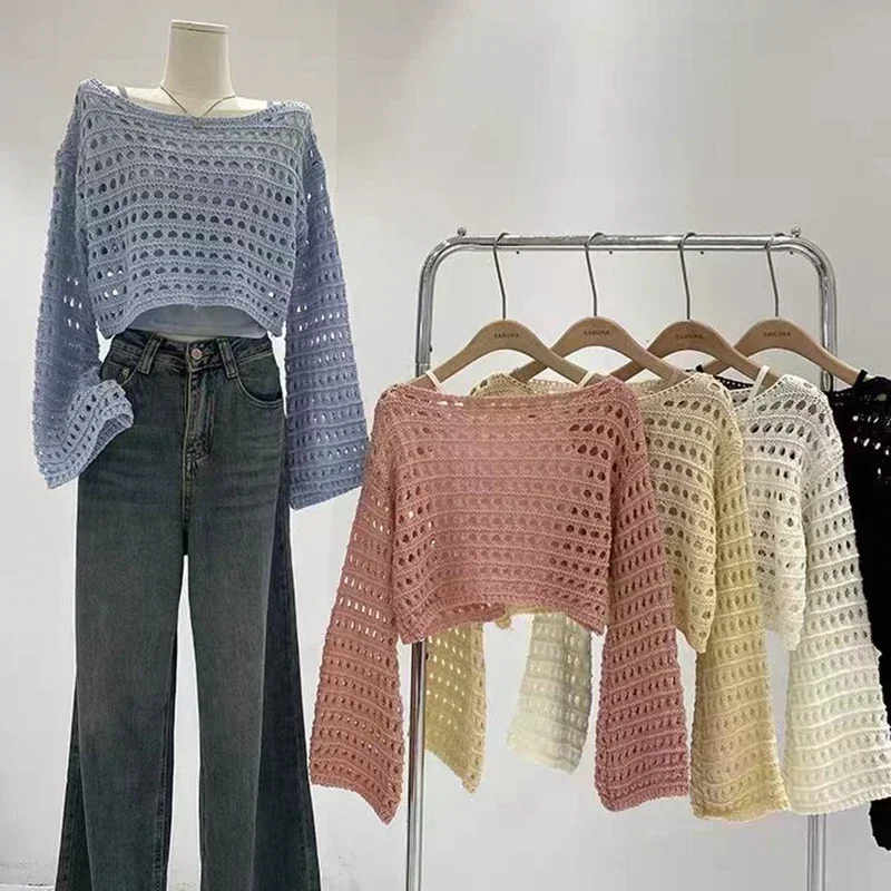 2024 Y2K Long Sleeve Crochet Knit Top Summer Beach Bikini Cover Up Crop Pullover Wool Knitwear Blouse Women Vacation Boho Outfit 2