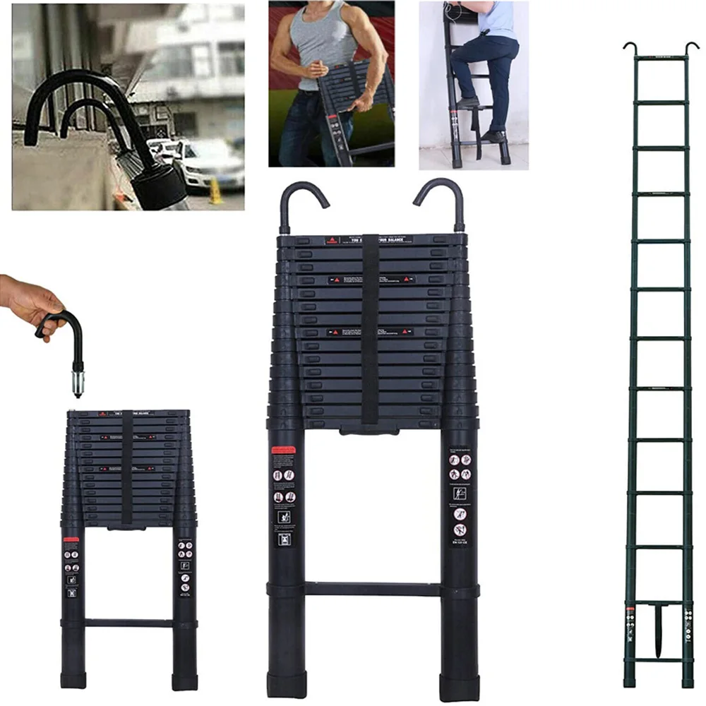6.2M Heavy Duty Telescopic Ladders With Hooks 14 Steps Aluminum Extending Roof Ladder for Multi-Purpose Indoor Outdoor Ladder