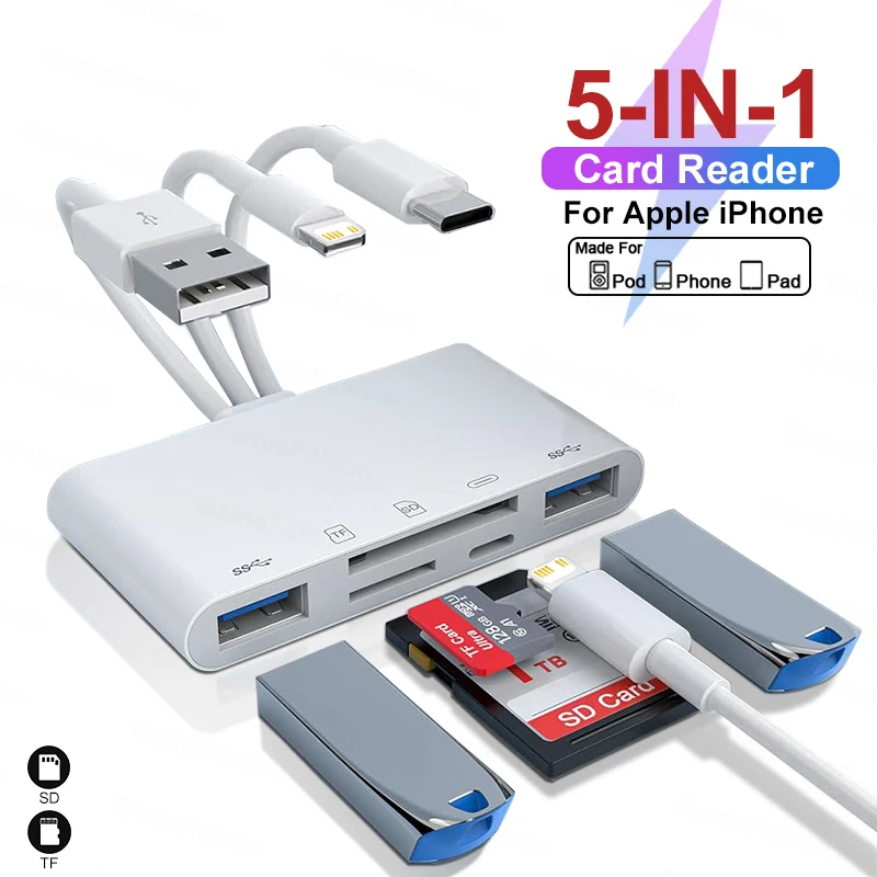 

5 In 1 SD TF Card Reader For iPhone 15 14 12 13 Pro Max OTG Flash Adapter For iPad Macbook Laptop Xiaomi Samsung USB C Converter