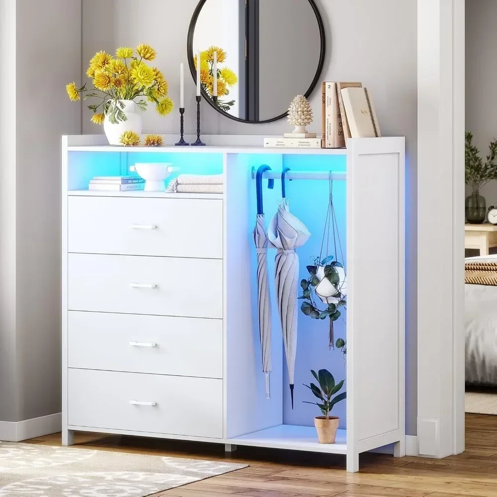 Children's Wardrobes, White Dresser for Bedroom with Clothing Rack, Dressers& Chests of Drawers,4 Drawer Dresser with LED Lights