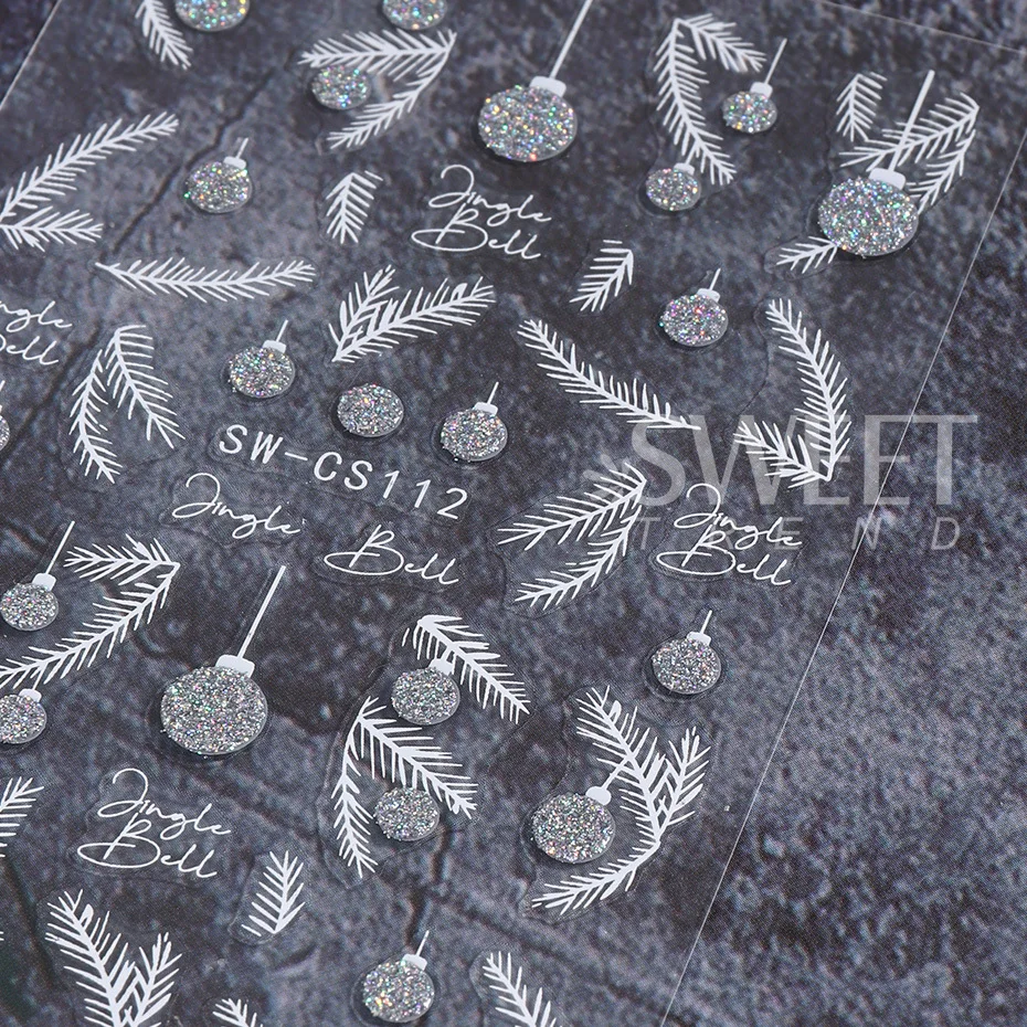 Silver Glitter Christmas Nail Stickers 3D Winter Tree Snowflake Feather Leaf Lantern Gift Wine Holographic Manicure Slider Tips 4