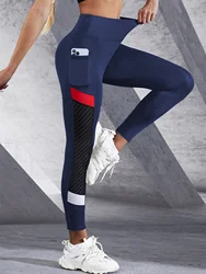 Colorblocked Mesh High Waist Tummy Control Yoga Leggings with Side Pockets - M (Navyblue)