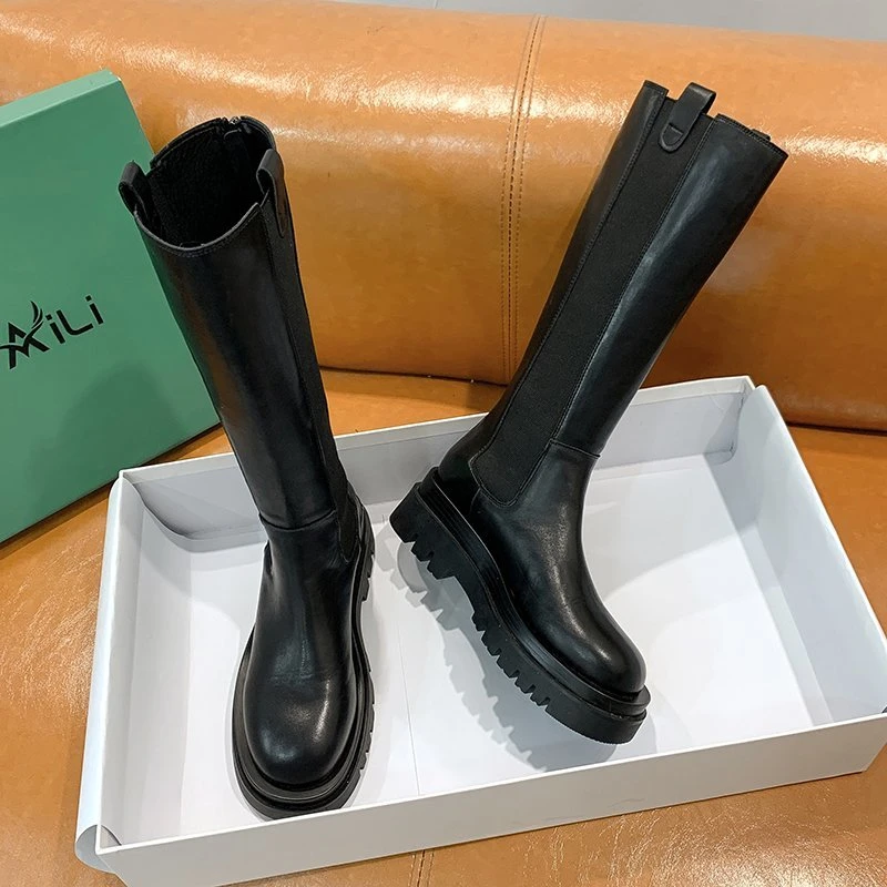 Botas altas de piel sintética antideslizantes para mujer, botines largos con plataforma gruesa, impermeables, con cremallera, a la moda, para invierno| |