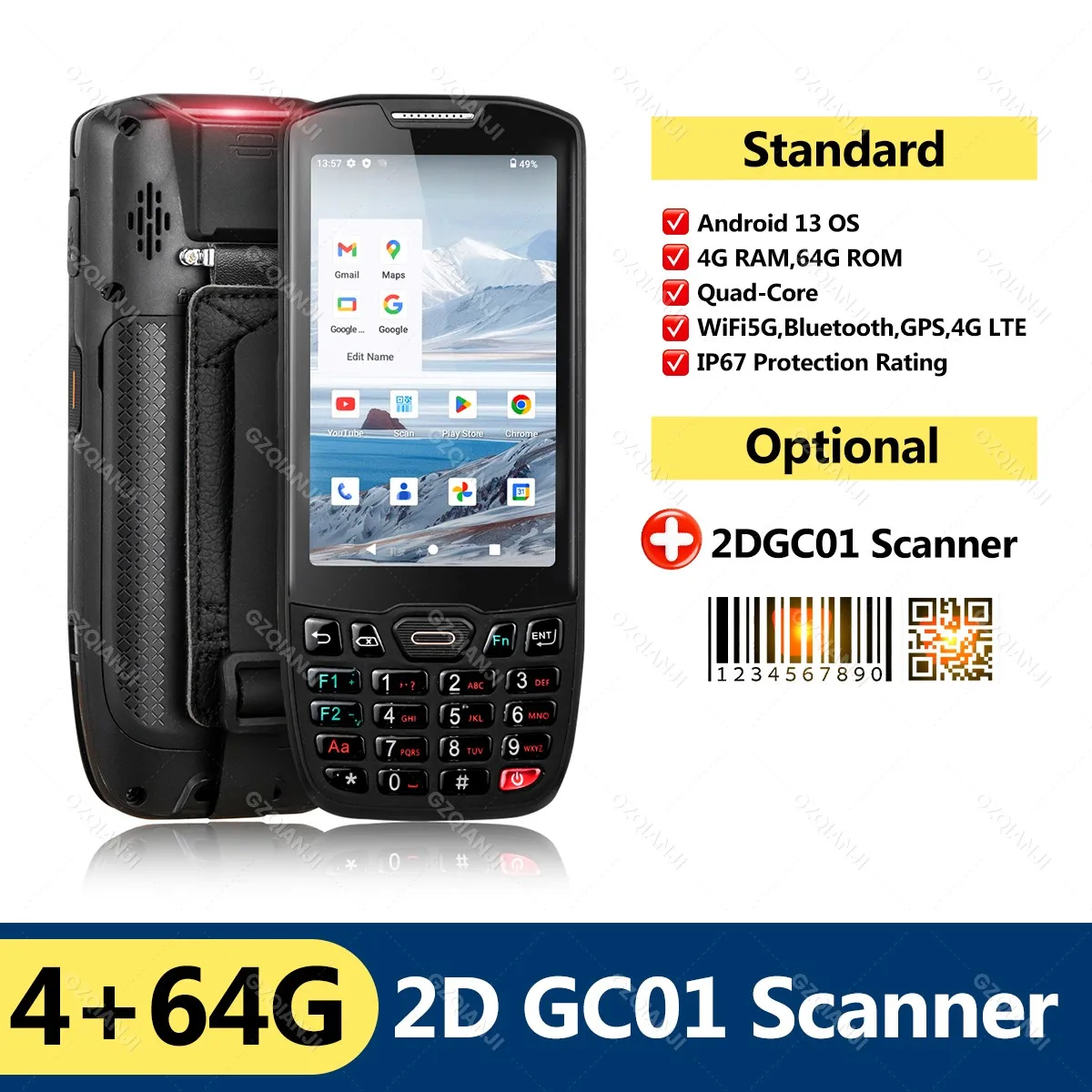 Android 13 PDA 4G + 64G Qualcomm Prozessor CPU 1D 2D Barcode Scanner Reader NFC IP67 Robustes Datensammlerterminal PDA GZQIANJI