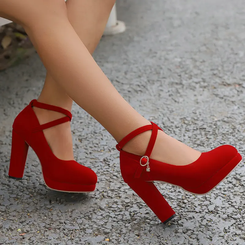 

Velour Velvet Round Toe Red Cross-strap Women Pumps Spring Bridal Dress Platform Shoes Block High Heels Female Mary Janes Heel