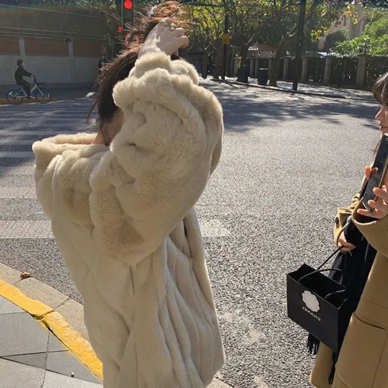 Luxury Brand Faux Fur Coat Women Autumn Winter Fluffy Jacket  Warm Thick Korean Chic Outerwear Solid Long Sleeve Women Clothing