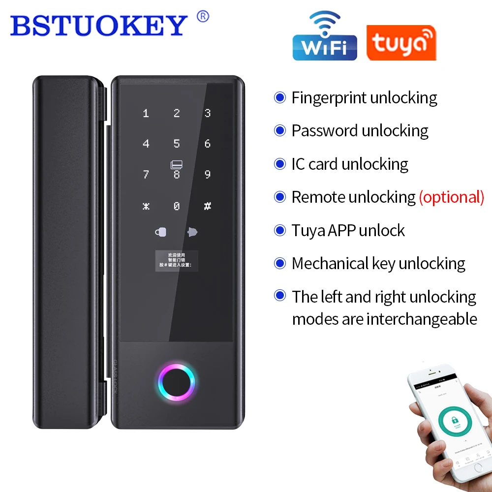 

Tuya WiFi App Smart Glass Door Lock Biometric Lock Fingerprint Door Card Digital Keyless Lock for Glass Sliding Framed Frameless