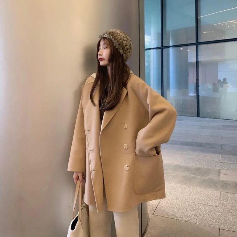 

Gidyq Winter Women Faux Woolen Coat Fashion Streetwear Designed Button Jacket Casual Female All Match Loose Blends Outerwear New