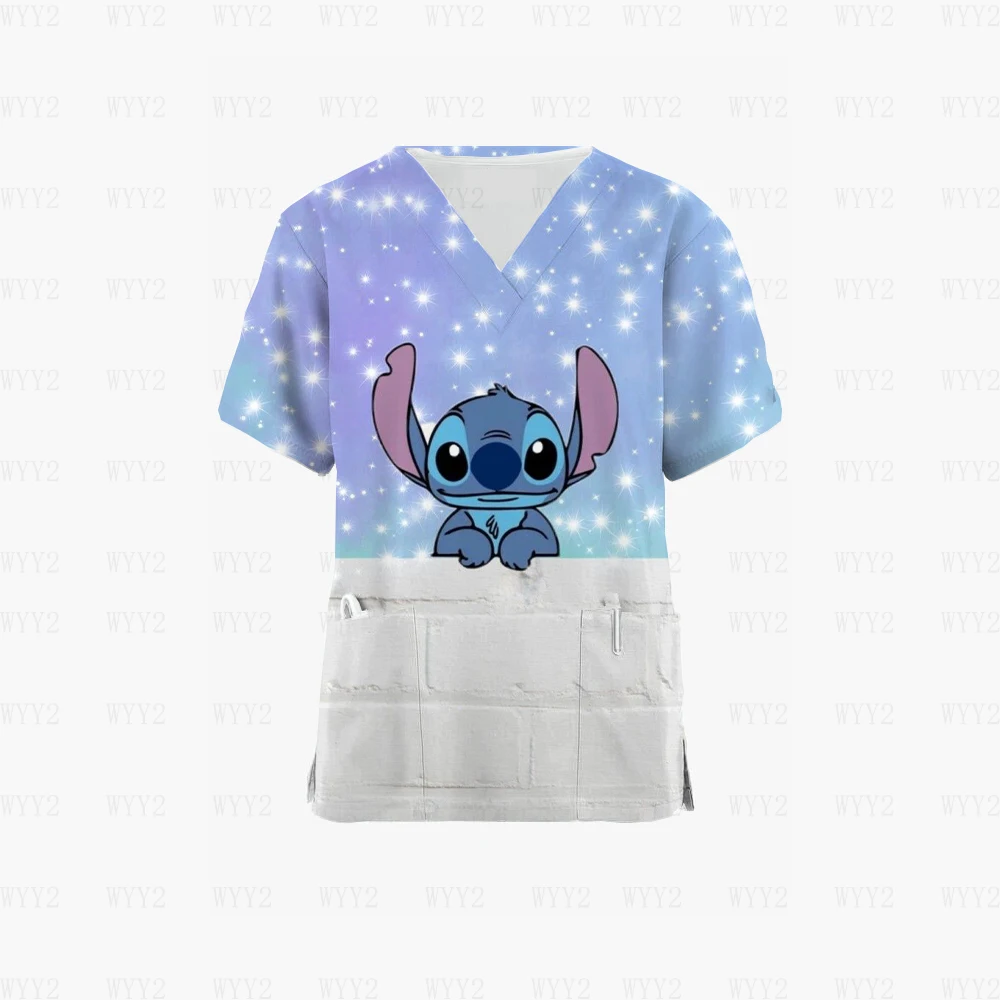 

Новинка 2023, топы с V-образным вырезом для врачей и медсестер из серии Disney Minnie Stitch, модная красивая Рабочая форма с принтом