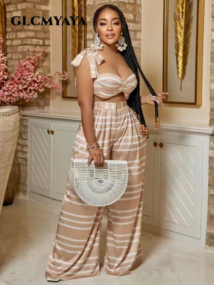 

GLCMYAYA Women Striped Loose Wide Leg Pants Suit 2022 Crop Top Set Straight Trousers Two 2 Piece Sets Outfits Fashion Tracksuit