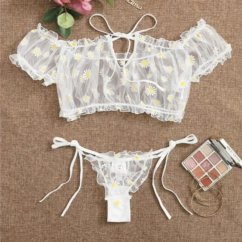 Sexy Women's Underwear Lace Floral Wire Free Lingerie Set Off-Shoulder Small Chest Bralette+Thong Beachwear Transparent Bra Set