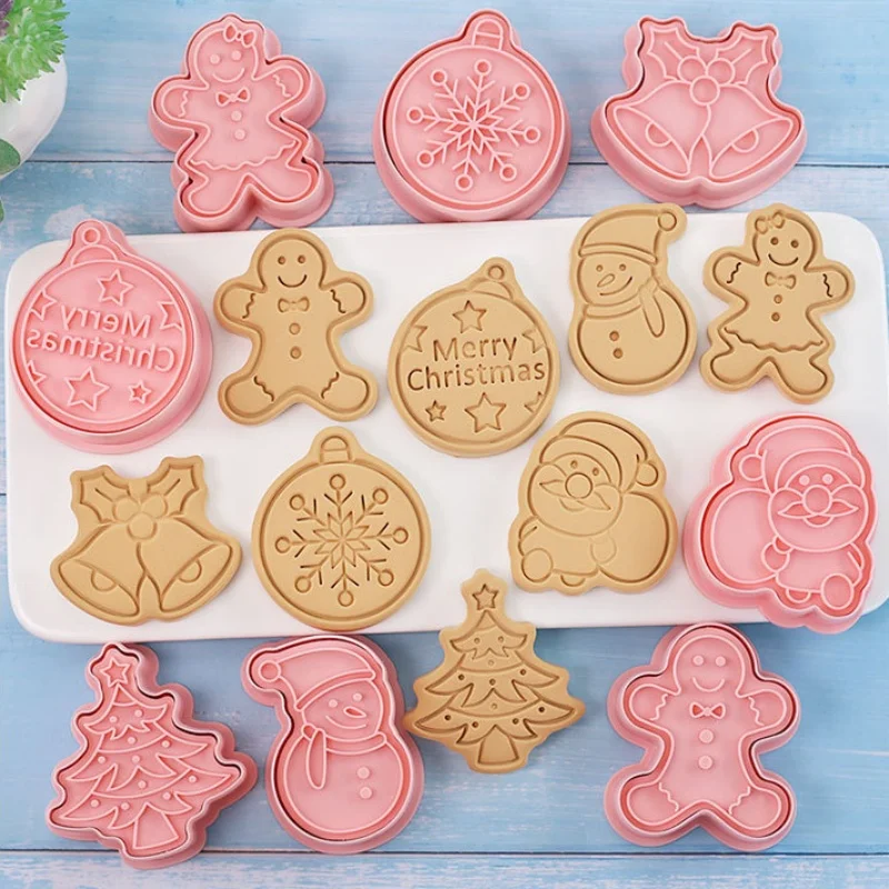 Christmas Cookie Cutters Press 8Pcs Santa Claus Biscuit Mold Plastic Cookie Stamp Confectionery Kitchen Baking Pastry Tools