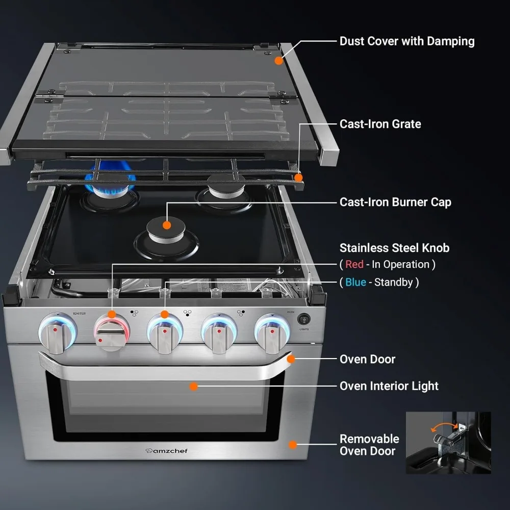 21 Inch RV Gas Range Stove 12V. Gas Range Oven for RV Use with 3 Burners, 1.77 Cu.Ft. Capacity Gas Oven, 28,100BTU 6