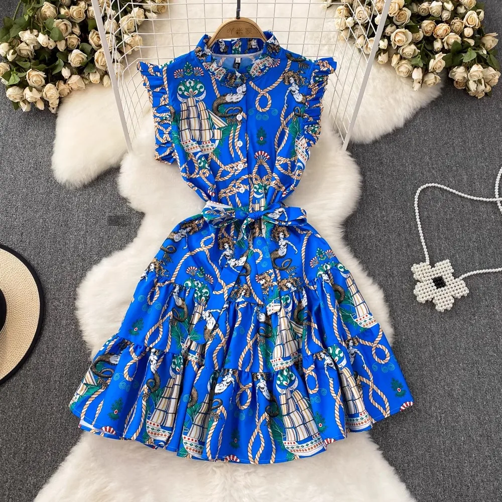 

Женское модельное платье с рукавом-бабочкой, синее повседневное платье мини свободного покроя с оборками и цветочным принтом для отпуска, T6320, лето 2019