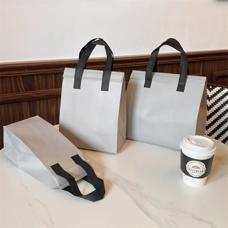 StoBag 10pcs Grey Non-woven Insulation Tote Bag Portable Fabric for Food Drinks Package Keep Warm Cold Delivery Reusable Pouch 2