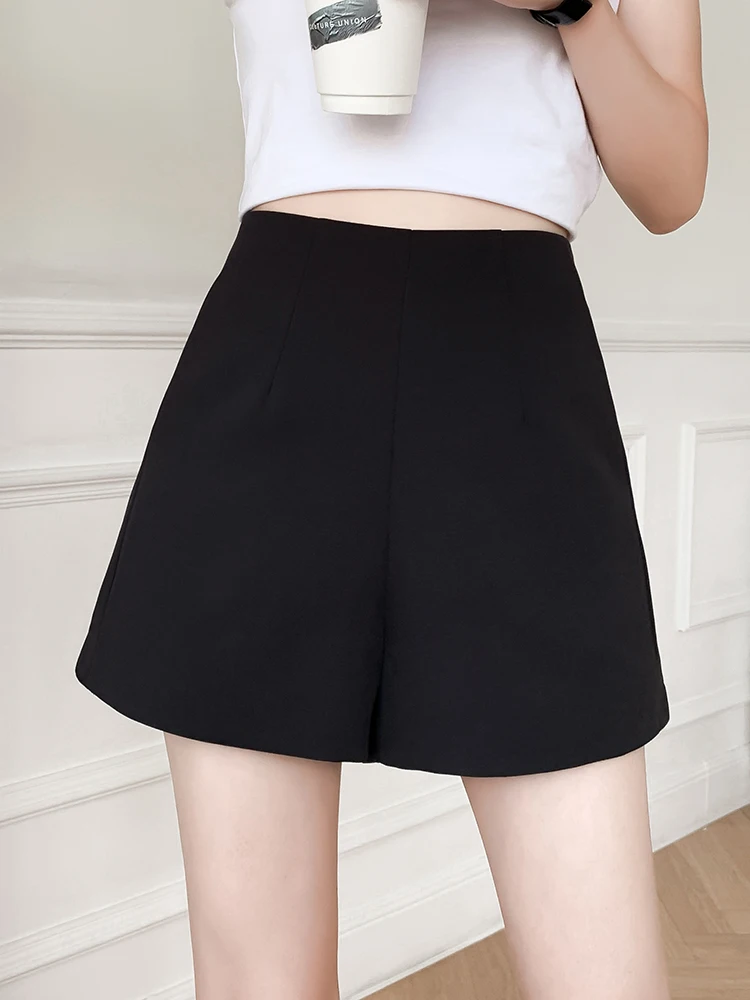 QOERLIN Chiffon Suit Shorts Women 2023 New Boot Shorts Black White High Waist Shorts with Pocket A-Line Loose Casual Wide Leg