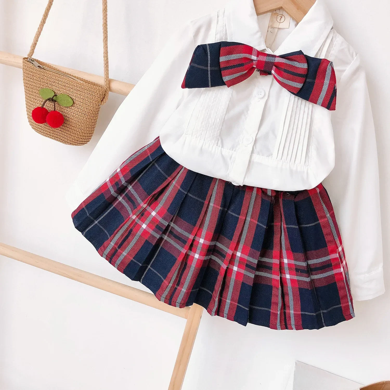 Girls' Adorable Bow Top & Pleated Skirt Outfit Set