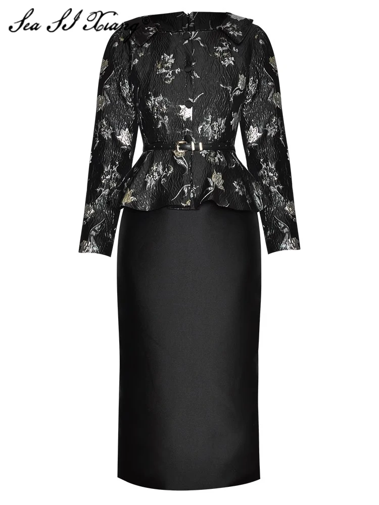 

Seasixiang Fashion Designer Jacquard Pencil Dress Women Square Collar Long Sleeve Ruffle Elegant Party Slit Dresses