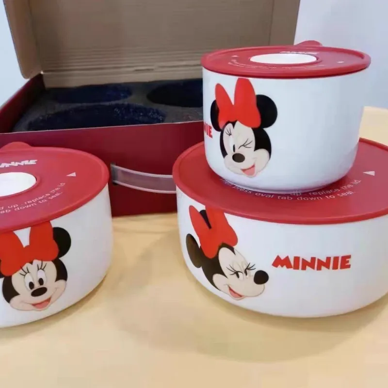 Disney Ceramic Bowl With Lid Microwave Oven Bowl 3 Pcs Student Thicken Lunch Box