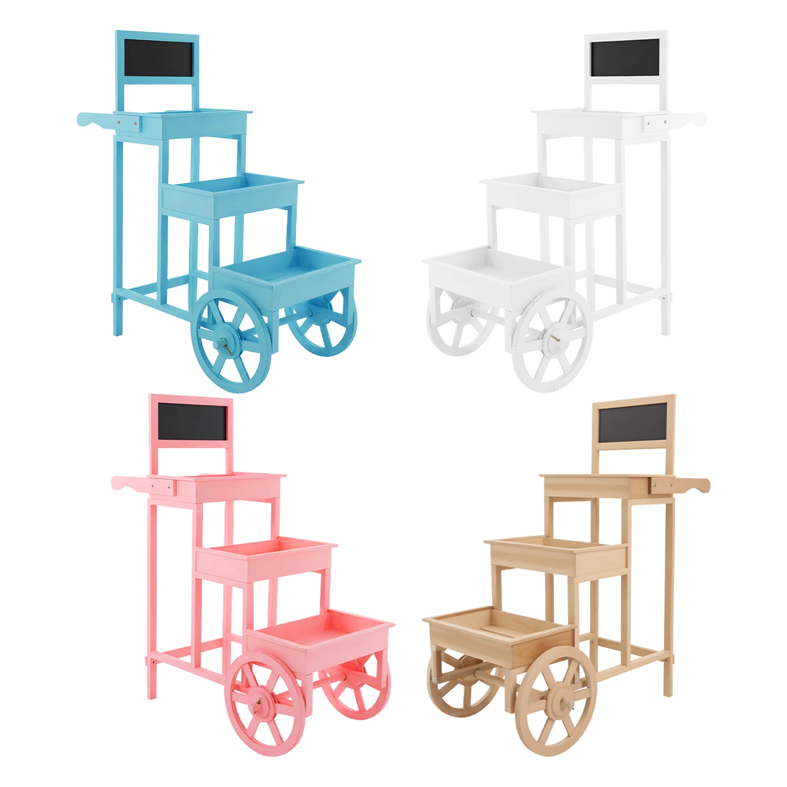 3-Tiered Flower Cart Display Stand with Wheels, Plant Flower Rack with Blackboard, Stand Blue/Pink/White/Wood Color