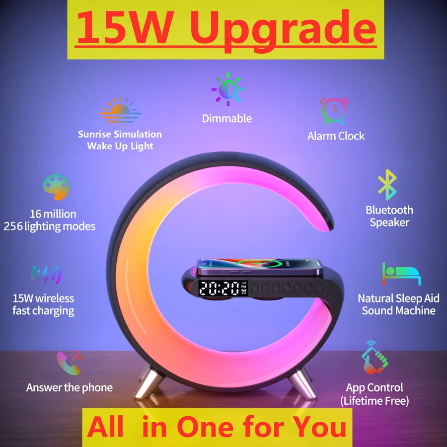 15w Wireless Charger Stand Pad Rgb Light Alarm Clock App Control Speaker Fast Charging Station