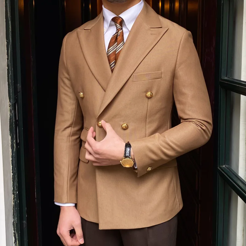 Mens Suits British Daily Blazer Double Breasted Slim Solid Color Casual Trendy