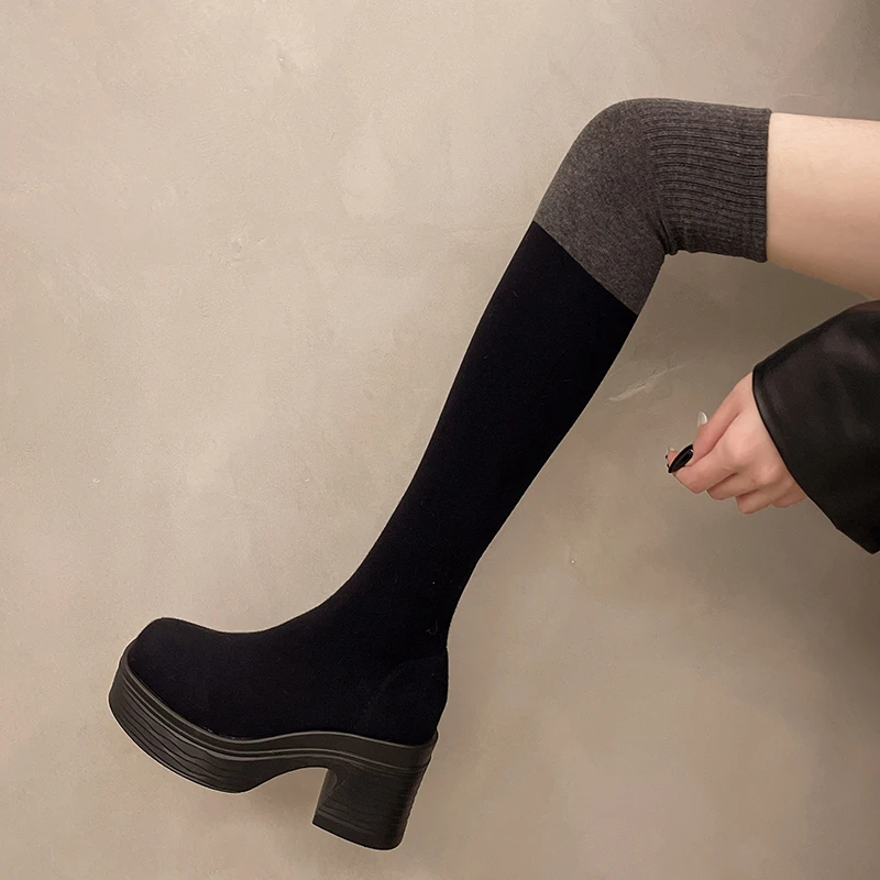 Aphixta Soft Fabric Women Knee Boots 8cm Square Heel Women Black Shoes Fashion Round Toe Modern Boots for Women Size 42