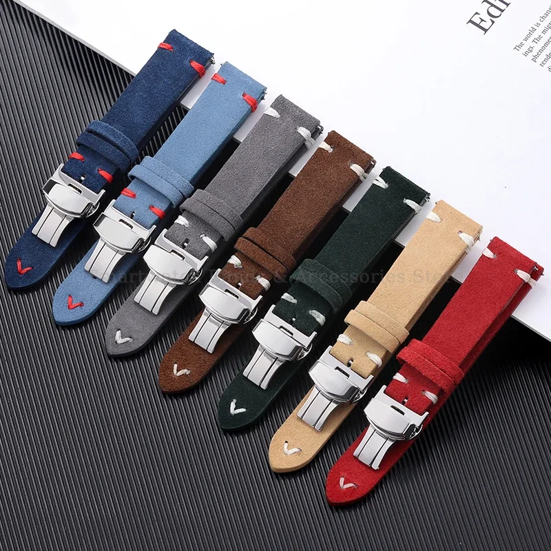Vintage Handmade Suede Stitch Leather Watch Strap with Quick Release and Folding Clasp