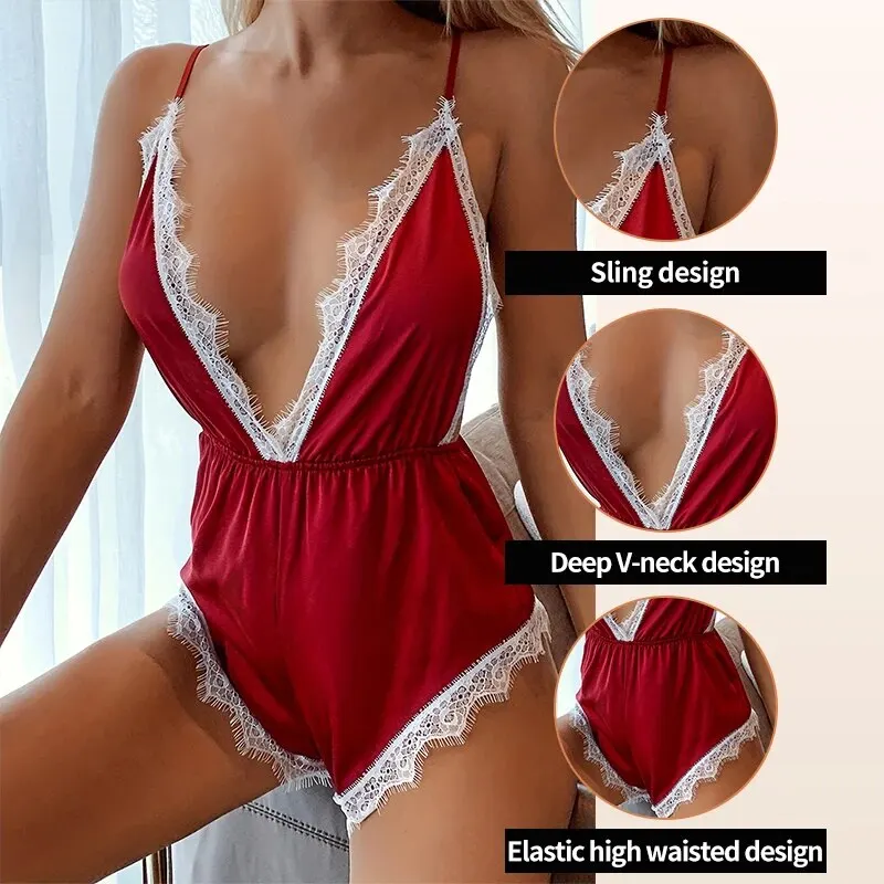 Women Jumpsuit Fashionable Red Suspender Sleeveless Satin Sexy Lace Patchwork Backless