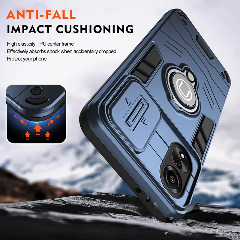 Popular Magnetic Ring Phone Case with Heavy Duty Armor and Camera Slide Cover - Anti-Fall Protection