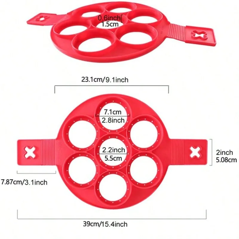 7-Cavity Silicone Pancake & Egg Ring Mold - Non-Stick Round Baking Tool  for  Breakfast  Sandwiches  and  Omelets  (Red)