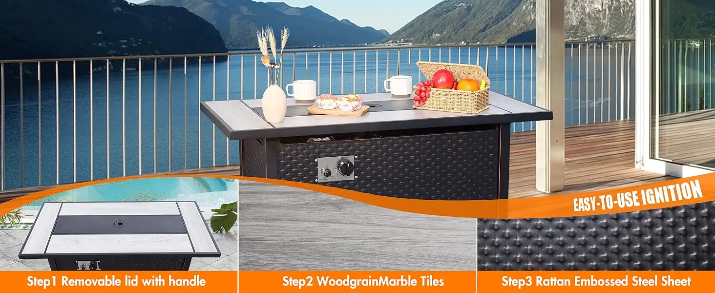 Description Picture 5 of item45 Inch Fire Table for Outside 60000 BTU Steel Gas Fire Pit Outdoor Fire Pit Table with Woodgrain Marble Tabletop Glass Wind