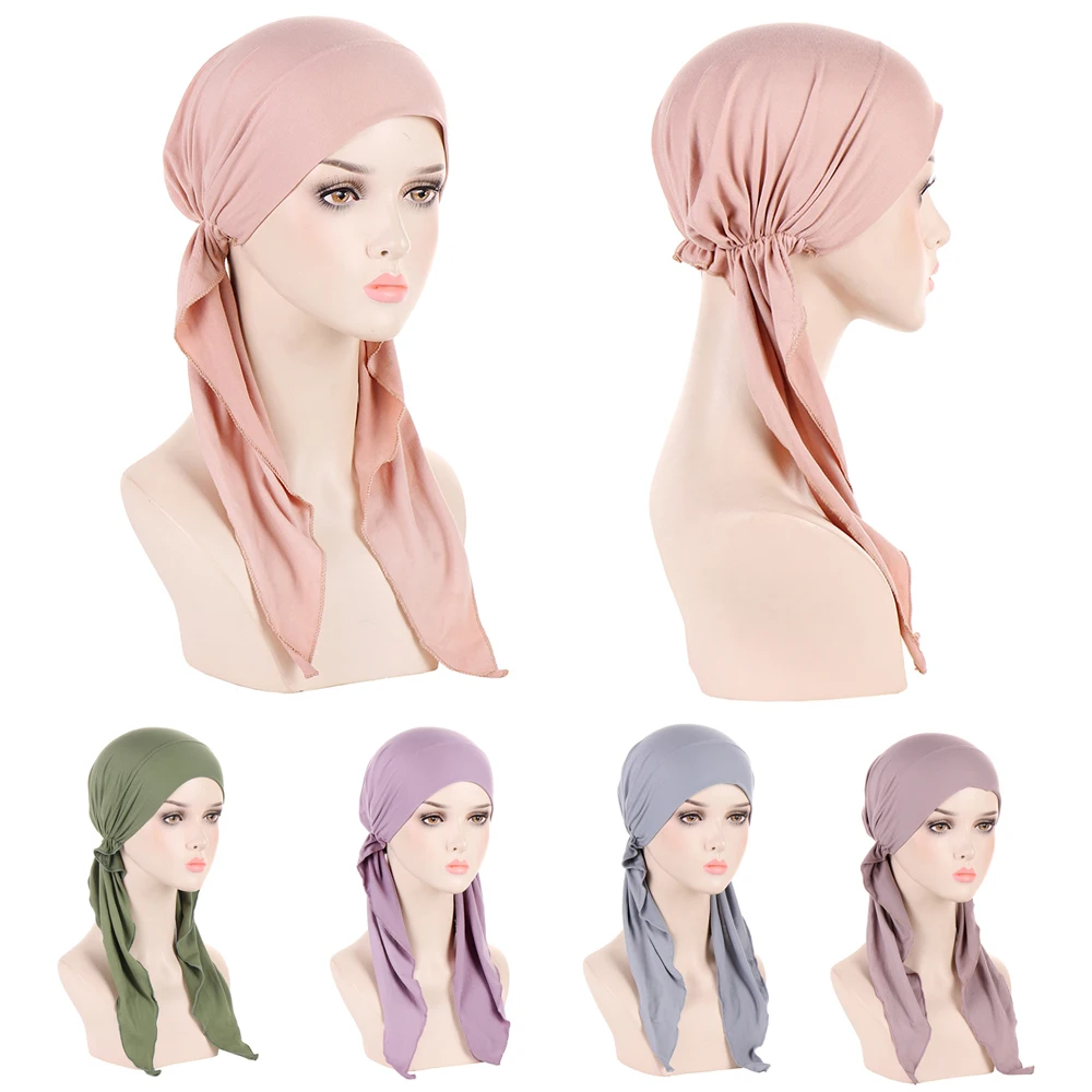 Hijab Hat Women Muslim Scarf Hats Wide Brim Ladies Cap Multicolor Elastic Wrap Head Inner Hijab Bonnet Elastic Cotton Curved Hat