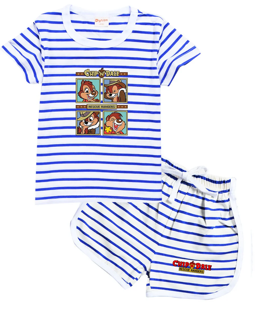 

Чип n Dale, Детский костюм, симпатичная летняя детская футболка для мальчиков и девочек + шорты, повседневные комплекты одежды в полоску