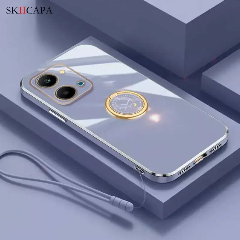Plating Silicone Lanyard Phone Case with Ring Holder and Soft Cover