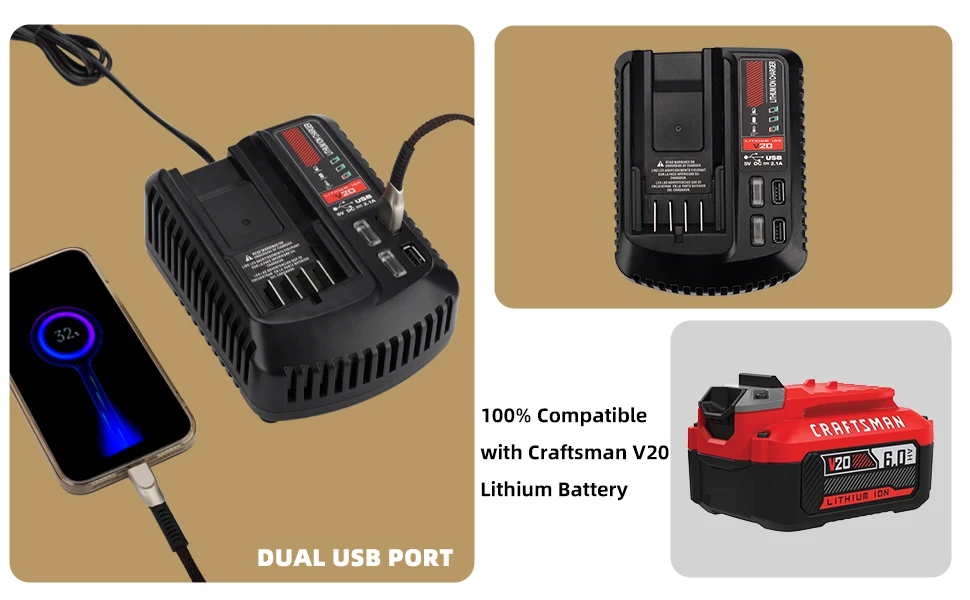 For Craftsman Li-ion Lithium Battery 18V 20V Fast Charger With Dual USB Port For