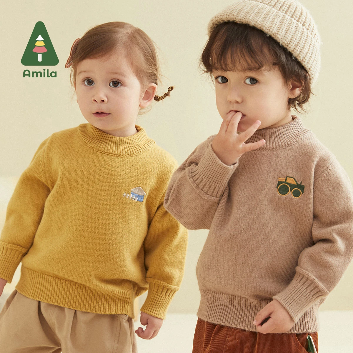 Amila Baby Sweater Spring New Solid Color Turtleneck Plain Boys and Girls All-match Cartoon Embroidery Children's Clothes