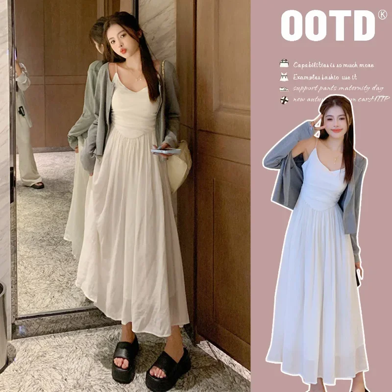 Maternity Dress Set Casual Knitted White Strap Dress plus Outerwear Comfortable Maternity Wear for Pregnant Women