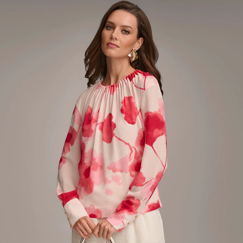 

Женский топ, повседневный универсальный модный плиссированный дизайн, популярный женский топ, классический большой дизайн с принтом, элегантный женский топ с длинными рукавами